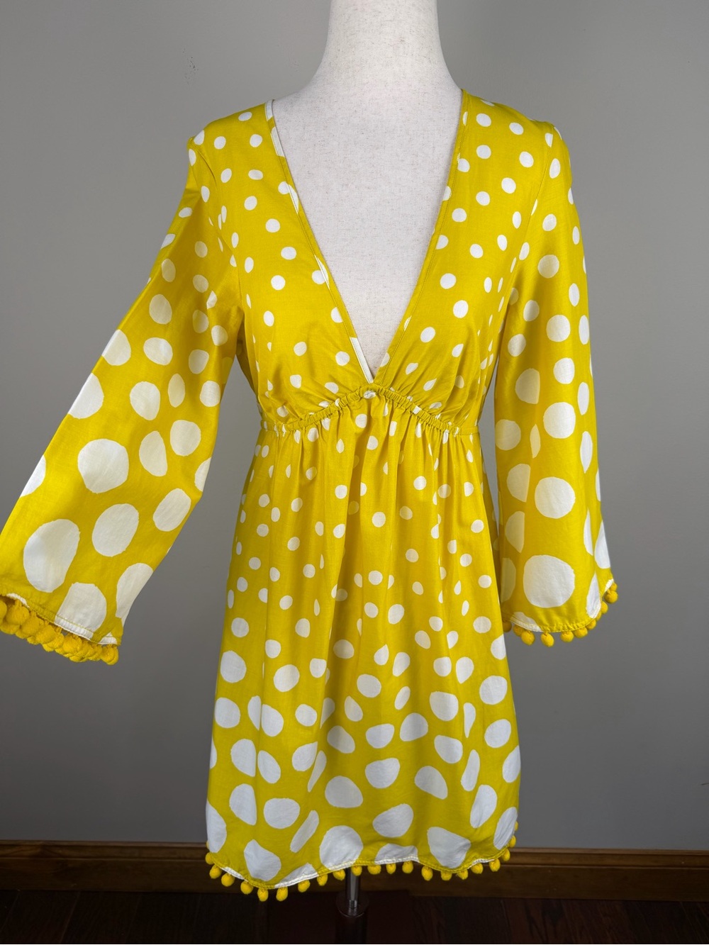 Boden Esmeralda Beach Kaftan Yellow White Polka Dot Pom Trim Cover Up Size 2R